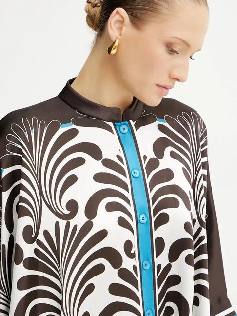 Luisa Spagnoli koszula jedwabna damska kolor brązowy relaxed ze stójką 541734