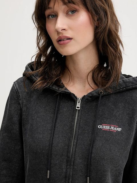 Guess Jeans bluza bawełniana damska kolor szary z kapturem z nadrukiem W5BQ14 KCPR1