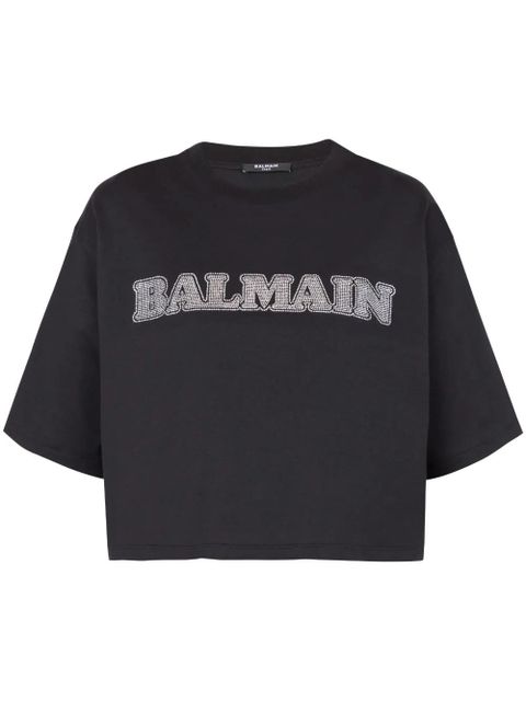Balmain rhinestone-logo cropped cotton T-shirt - Black - zdjęcie produktu nr 1
