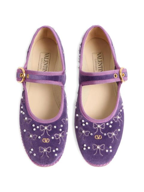 Valentino Garavani Mary-Jane endouce velvet ballerina with bow embroidery - Purple