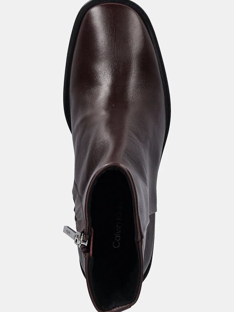 Calvin Klein botki skórzane BLOCK HEEL ZIP BOOT LTH damskie kolor brązowy na słupku HW0HW02593