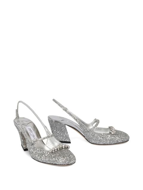 Jimmy Choo 45mm Belinda glitter slingback block-heel pumps - Silver