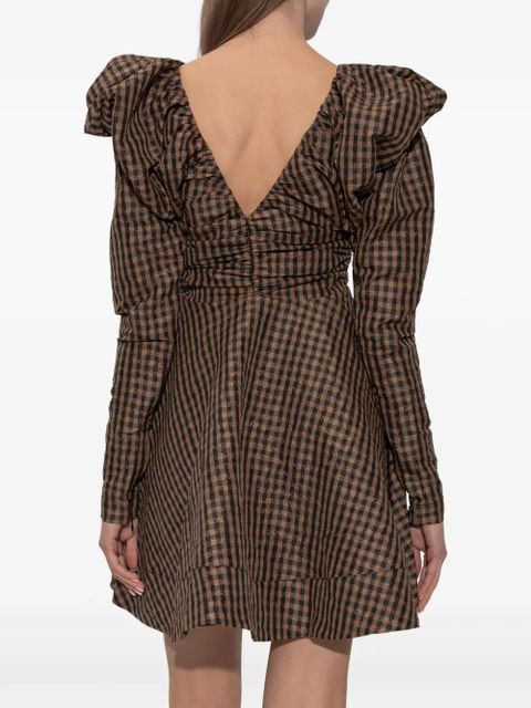 GANNI V-neck checked mini dress - Brown