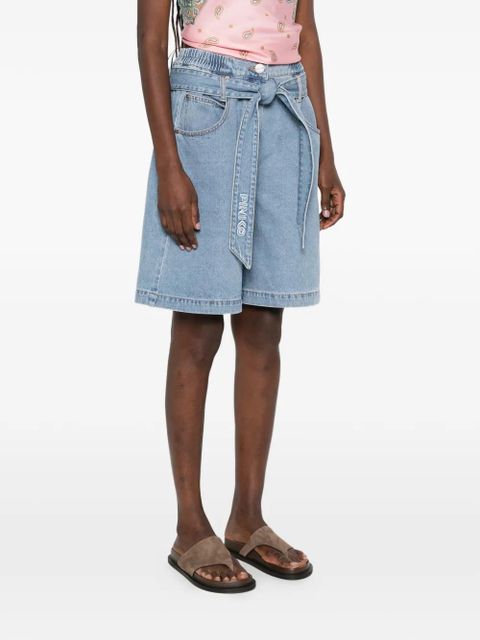 PINKO belted elasticated-waistband denim knee-length shorts - Blue