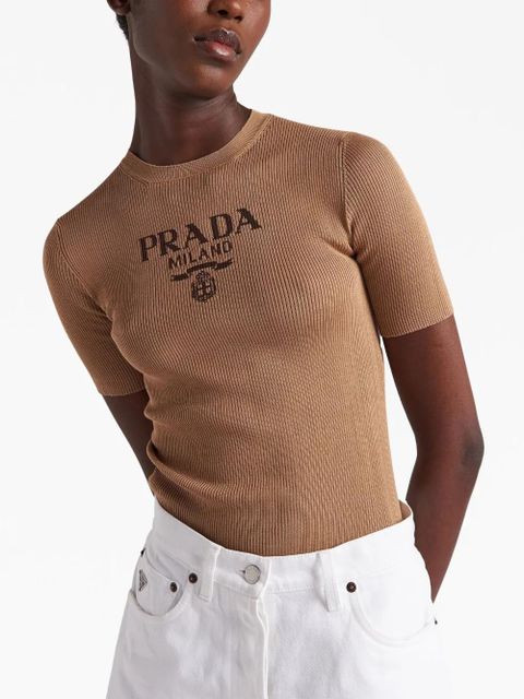 Prada logo-intarsia silk top - Brown