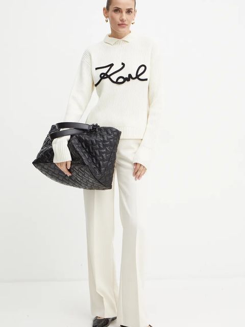 Karl Lagerfeld sweter wełniany damski kolor beżowy ciepły z półgolfem 246W2000 - zdjęcie produktu nr 2