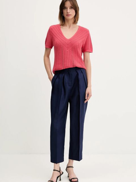 United Colors of Benetton spodnie z domieszką lnu damskie kolor granatowy proste high waist 45BVDF09B