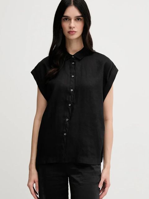 United Colors of Benetton koszula lniana kolor czarny regular z kołnierzykiem klasycznym - zdjęcie produktu nr 1