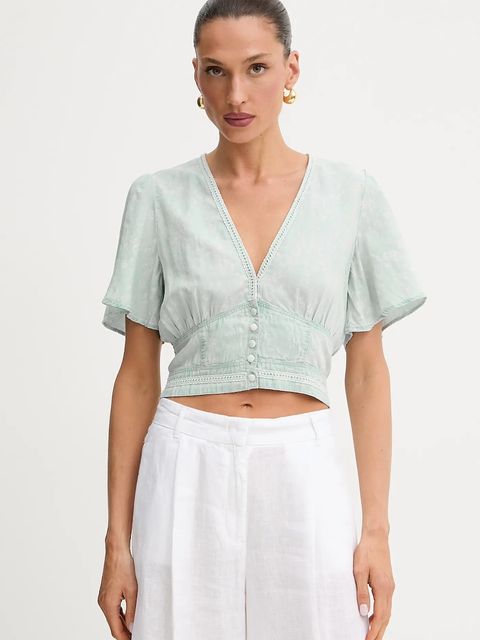 Guess bluzka z domieszką lnu LUIZA damska kolor niebieski z aplikacją W5GH82 D5N81 - zdjęcie produktu nr 1