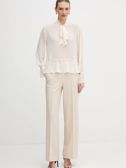 OUI spodnie damskie kolor beżowy proste high waist 91737