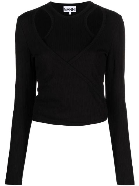 GANNI ribbed jersey wrap blouse - Black - zdjęcie produktu nr 1