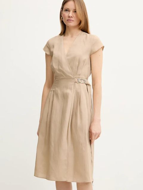 Twinset sukienka z domieszką lnu kolor beżowy mini rozkloszowana 251TT2072