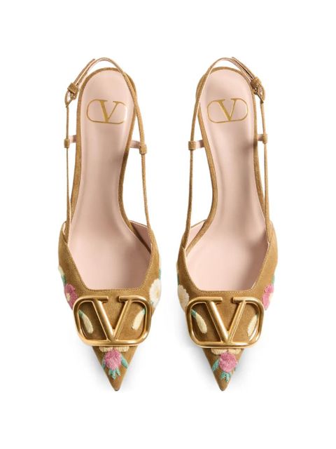 Valentino Garavani VLogo Signature slingback pumps in crust leather with floral embroidery 80mm - Brown