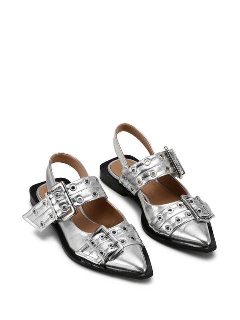 GANNI double-buckled metallic-effect ballerina shoes - Silver - zdjęcie produktu nr 2