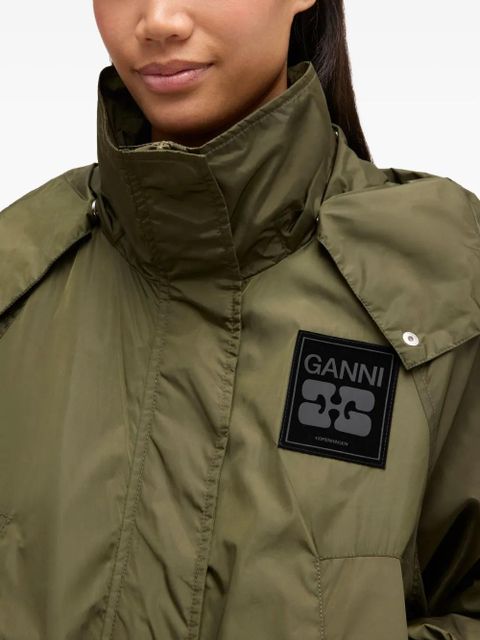 GANNI hood logo-patch coat - Green