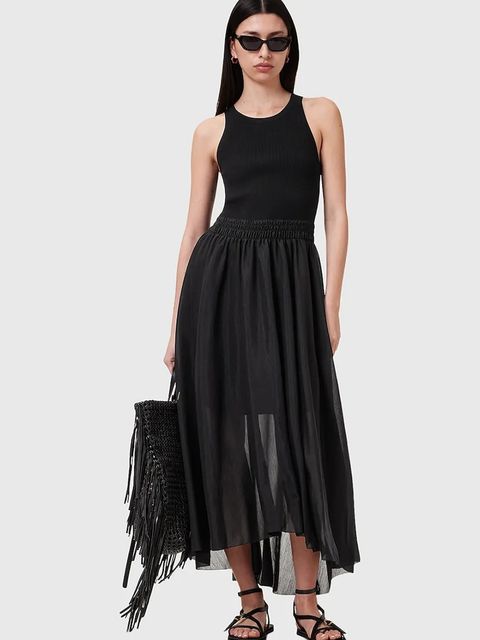 AllSaints sukienka ZENIA kolor czarny midi rozkloszowana W188DC