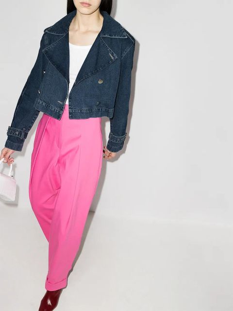 ROTATE BIRGER CHRISTENSEN ruffle-trim cropped denim jacket - Blue