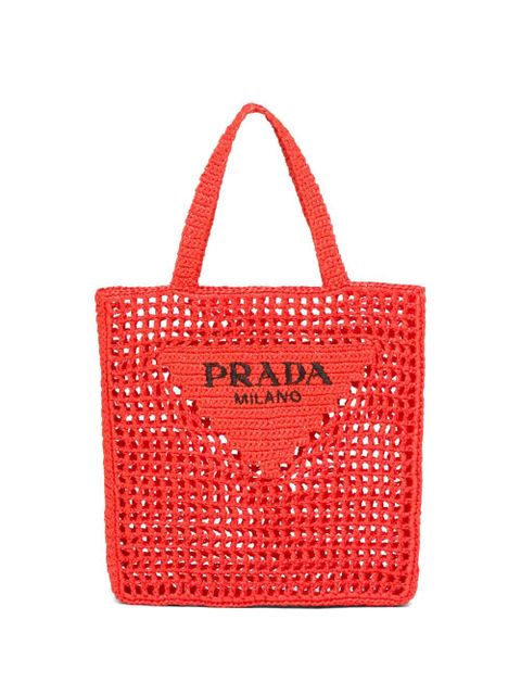 Prada triangle-logo crochet raffia tote bag - Orange