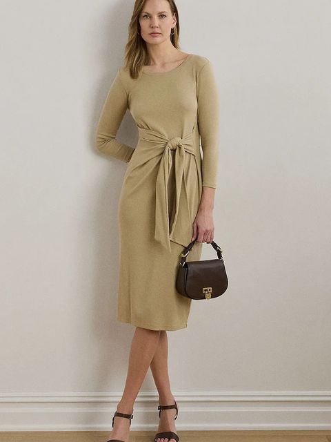 Lauren Ralph Lauren sukienka kolor beżowy midi dopasowana 200973598 - zdjęcie produktu nr 1