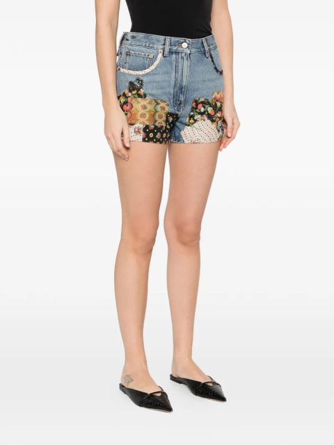 Valentino Garavani patchwork beaded-appliqué denim shorts - Blue