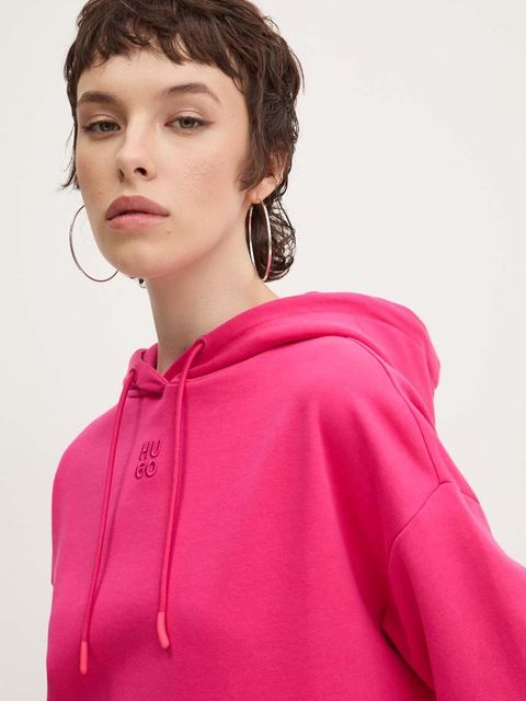 HUGO bluza bawełniana damska kolor różowy z kapturem z aplikacją 50522423