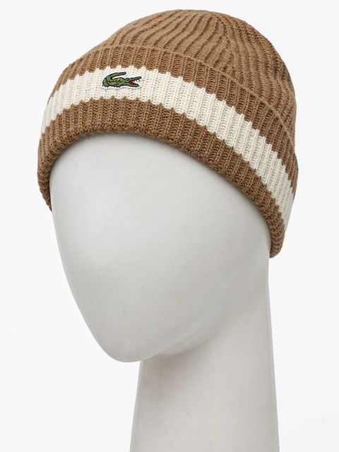 Lacoste czapka wełniana kolor brązowy z cienkiej dzianiny wełniana - zdjęcie produktu nr 2