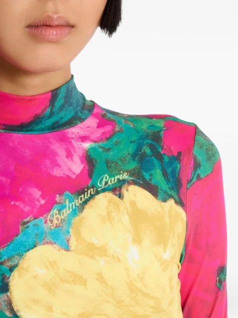 Balmain rose-print turtleneck top - Pink