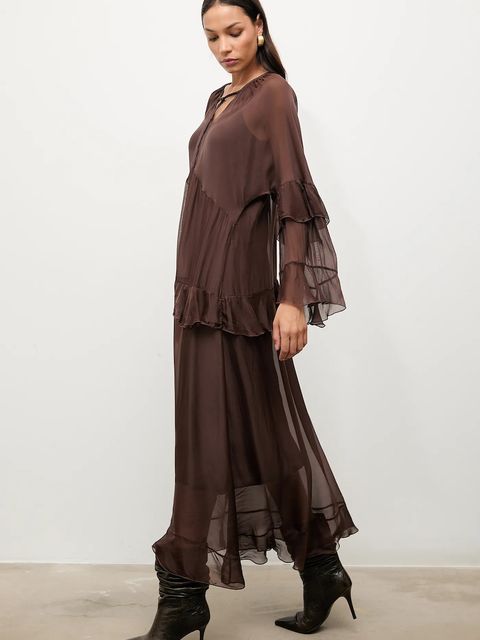 Answear.LAB sukienka z jedwabiem kolor brązowy maxi prosta