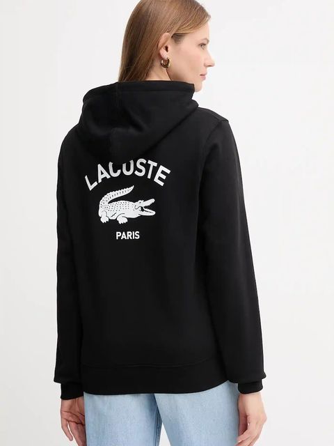 Lacoste bluza bawełniana kolor czarny z kapturem z nadrukiem SH2740