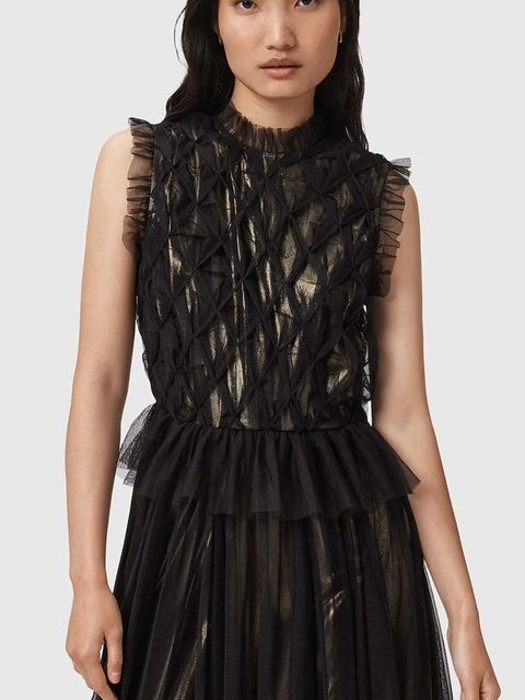 AllSaints sukienka kolor czarny midi rozkloszowana W186DD