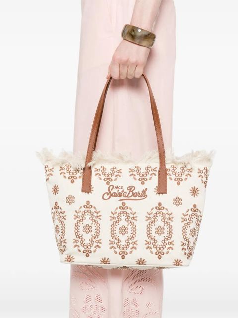 MC2 Saint Barth floral-embroidered fringed-detail tote bag - Neutrals