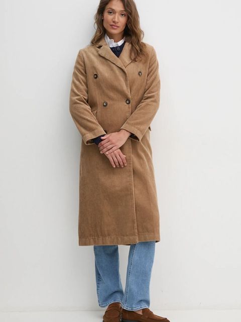 United Colors of Benetton płaszcz sztruksowy kolor brązowy przejściowy dwurzędowy 2HKTDN06L