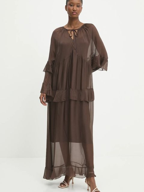 Answear.LAB sukienka z jedwabiem kolor brązowy maxi rozkloszowana