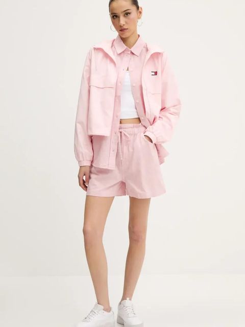 Tommy Jeans szorty z domieszką lnu damskie kolor różowy wzorzyste high waist DW0DW20360 - zdjęcie produktu nr 2