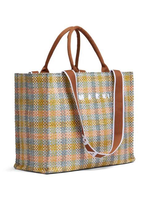 Marni logo-embroidered checkered shopping bag - Neutrals