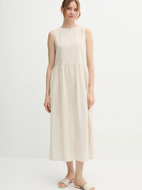 United Colors of Benetton sukienka z domieszką lnu kolor beżowy maxi rozkloszowana 48I5DV0BK - zdjęcie produktu nr 1