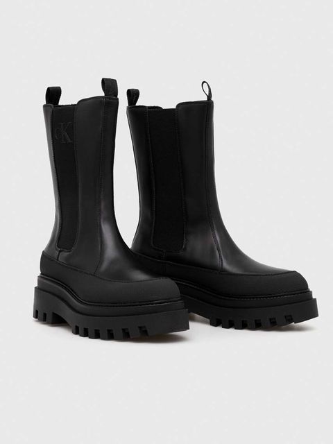 Calvin Klein Jeans sztyblety skórzane FLATFORM CHELSEA BOOT LTH WN damskie kolor czarny na platformie YW0YW01111