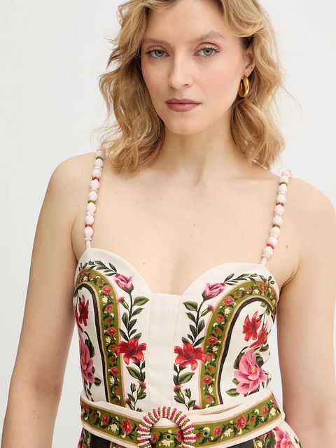 Farm Rio kombinezon lniany kolor beżowy z dekoltem w szpic 344883