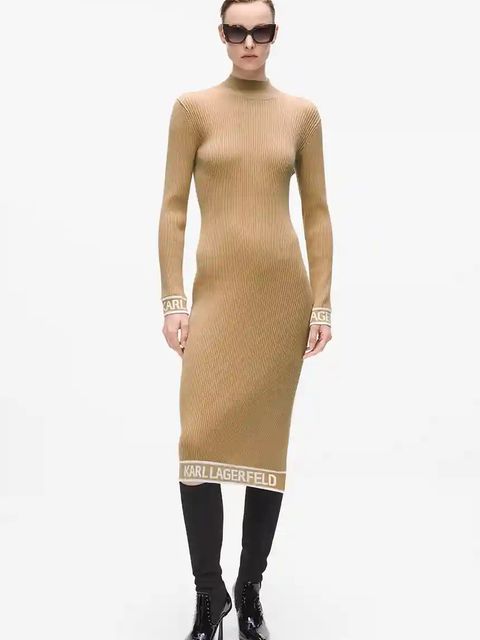 Karl Lagerfeld sukienka kolor beżowy midi dopasowana A4W13028