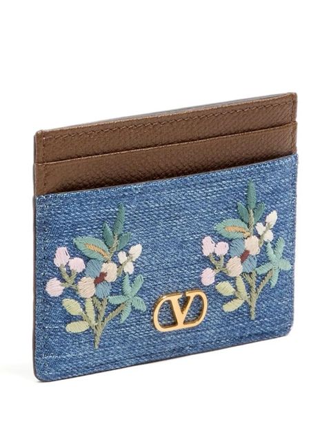 Valentino Garavani VLogo Signature card holder in denim with floral embroidery - Brown
