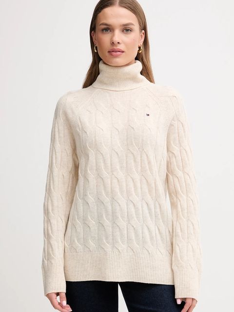 Tommy Hilfiger sweter wełniany damski kolor beżowy lekki z golfem WW0WW46791 - zdjęcie produktu nr 1