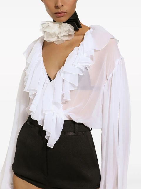 Dolce & Gabbana ruffled-trim silk cropped blouse - White