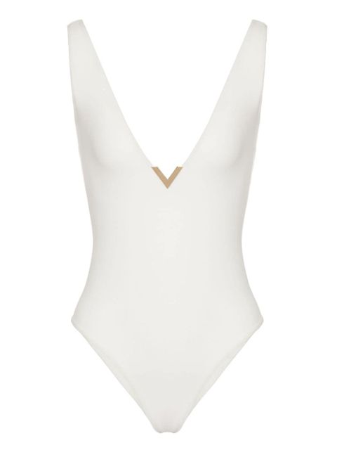 Valentino Garavani logo-plaque V-neck swimsuit - White