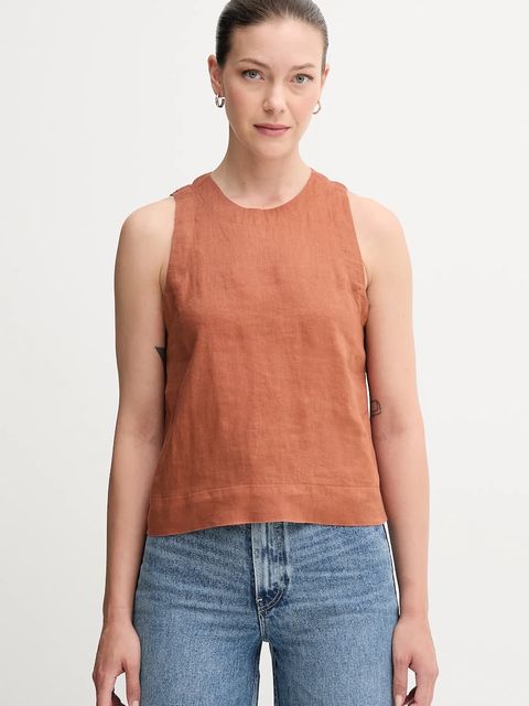 United Colors of Benetton bluzka lniana damska kolor brązowy gładka 5BMLDQ0BU - zdjęcie produktu nr 1