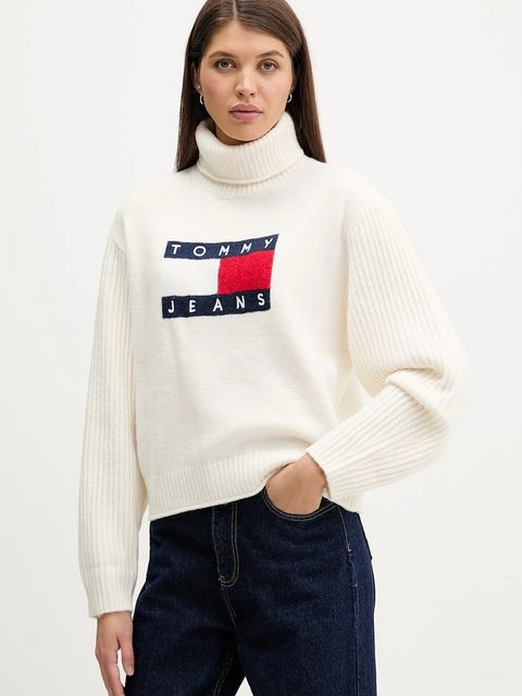 Tommy Jeans sweter z domieszką wełny damski kolor beżowy z golfem DW0DW22108 - zdjęcie produktu nr 1