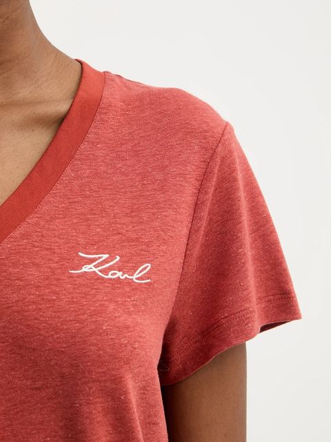 Karl Lagerfeld t-shirt lniany damski kolor czerwony A3W17070