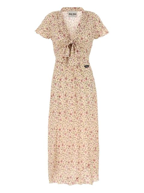 Miu Miu floral-print tie-front midi dress - Yellow - zdjęcie produktu nr 1