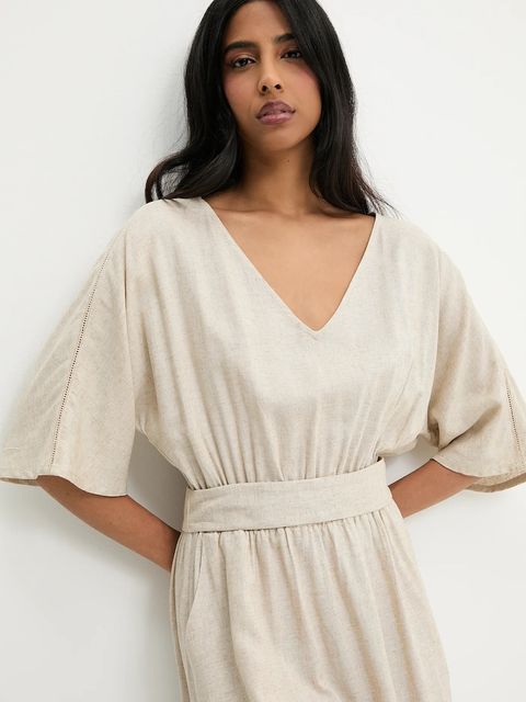 Answear.LAB sukienka z domieszką lnu kolor beżowy maxi rozkloszowana