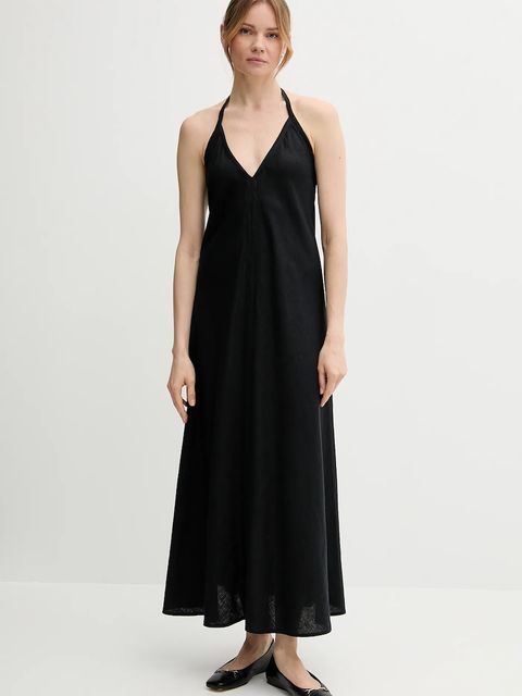 United Colors of Benetton sukienka lniana kolor czarny maxi rozkloszowana 4AGHDV0BF - zdjęcie produktu nr 1