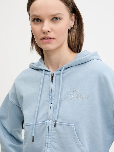 Guess Originals bluza bawełniana damska kolor niebieski z kapturem gładka W5RQ13 K68I1